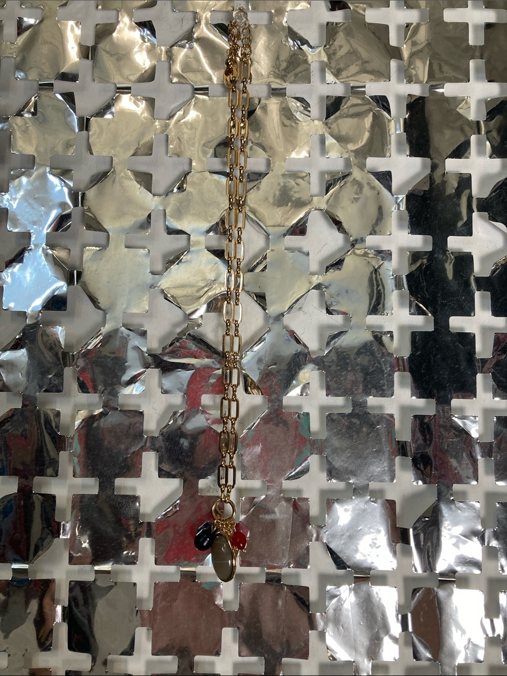Ann Taylor Gold Link Necklace with Red, Black and Cream Charms